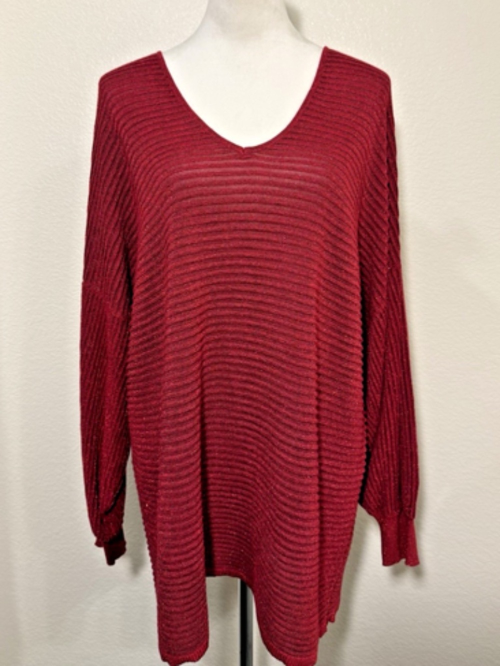 1.STATE Womens 3X Red Shimmer Ribbed V-Neck Sweater Plus Size